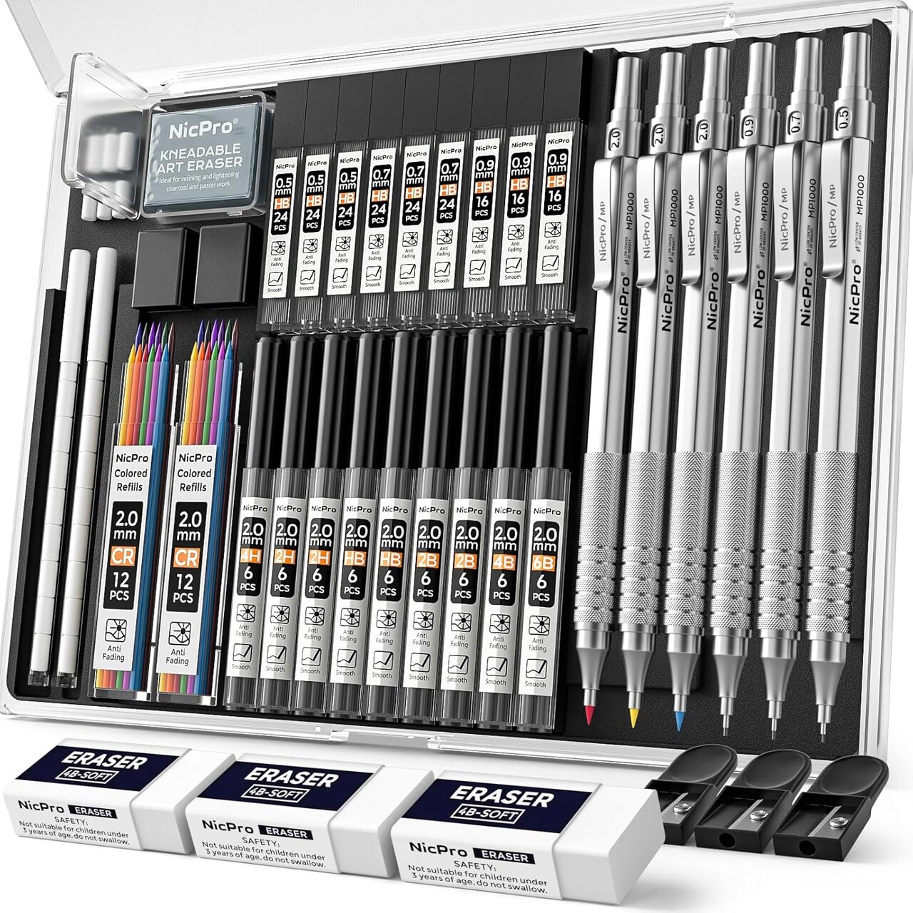 35-Piece Silver Metal Mechanical Pencil Set – 0.5/0.7/0.9mm & 3×2mm Graphite Lead Holders with 20 Tubes of Refills (6B–4H), Kneaded Erasers & Case – Ideal for Drawing, Sketching, and Drafting (Silver)